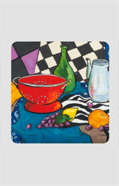 A colorful artistic coaster featuring a boho theme with an array of vibrant images like fruits, a red bowl, and patterned tablecloth.