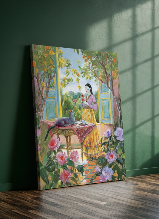 Colorful painting of a woman in a garden on a green wall.