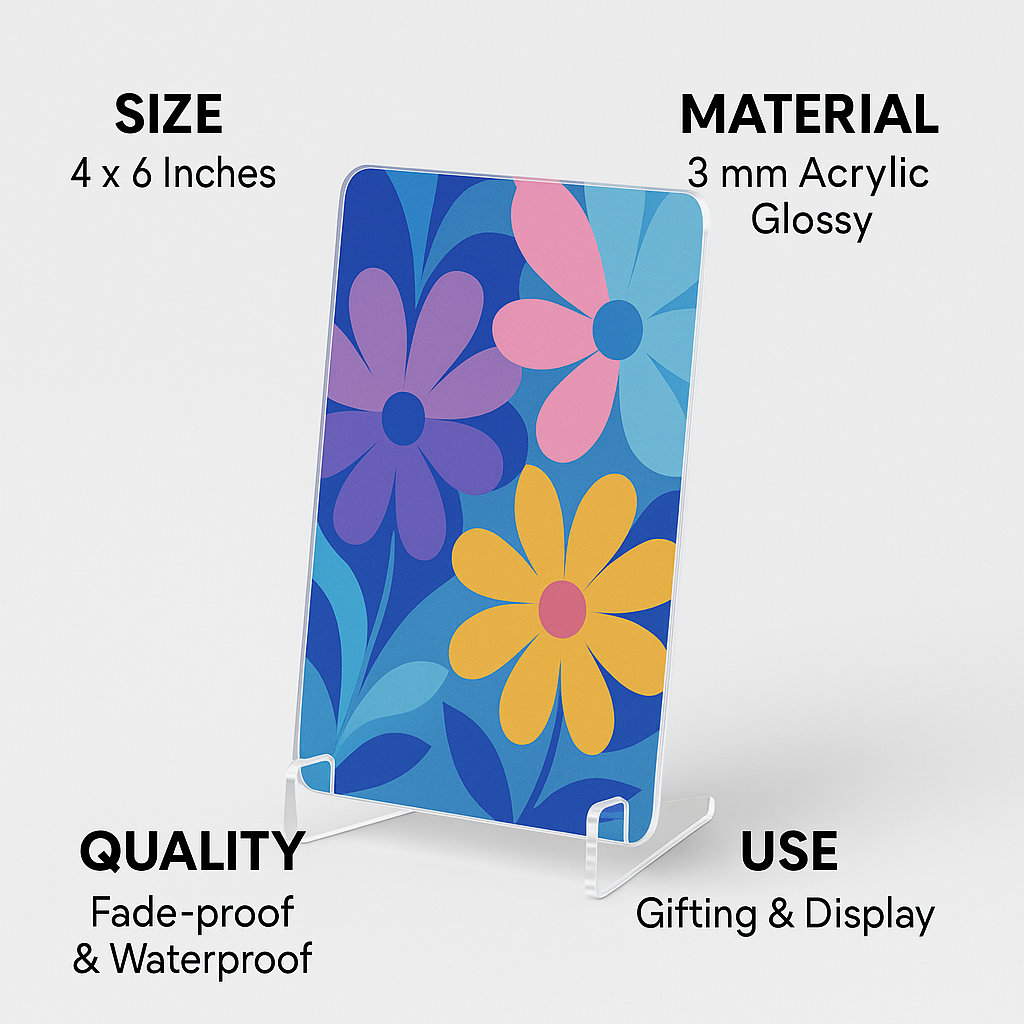 Floral design acrylic stand with product details on a white background