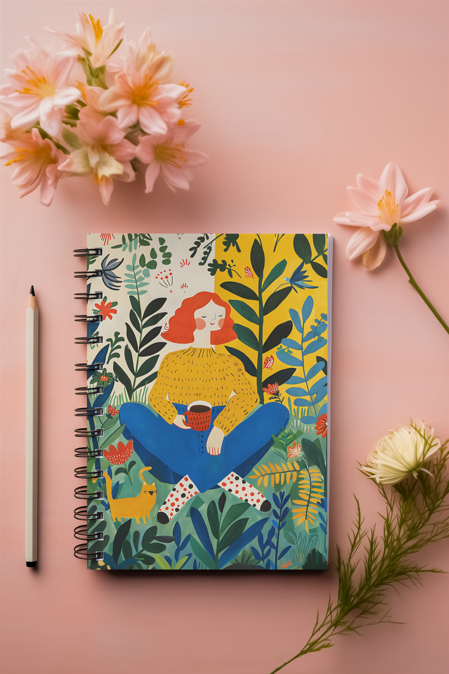 A colorful A5 unruled notebook with a floral and animal pattern on the cover, displayed alongside a pencil and decorative flowers.