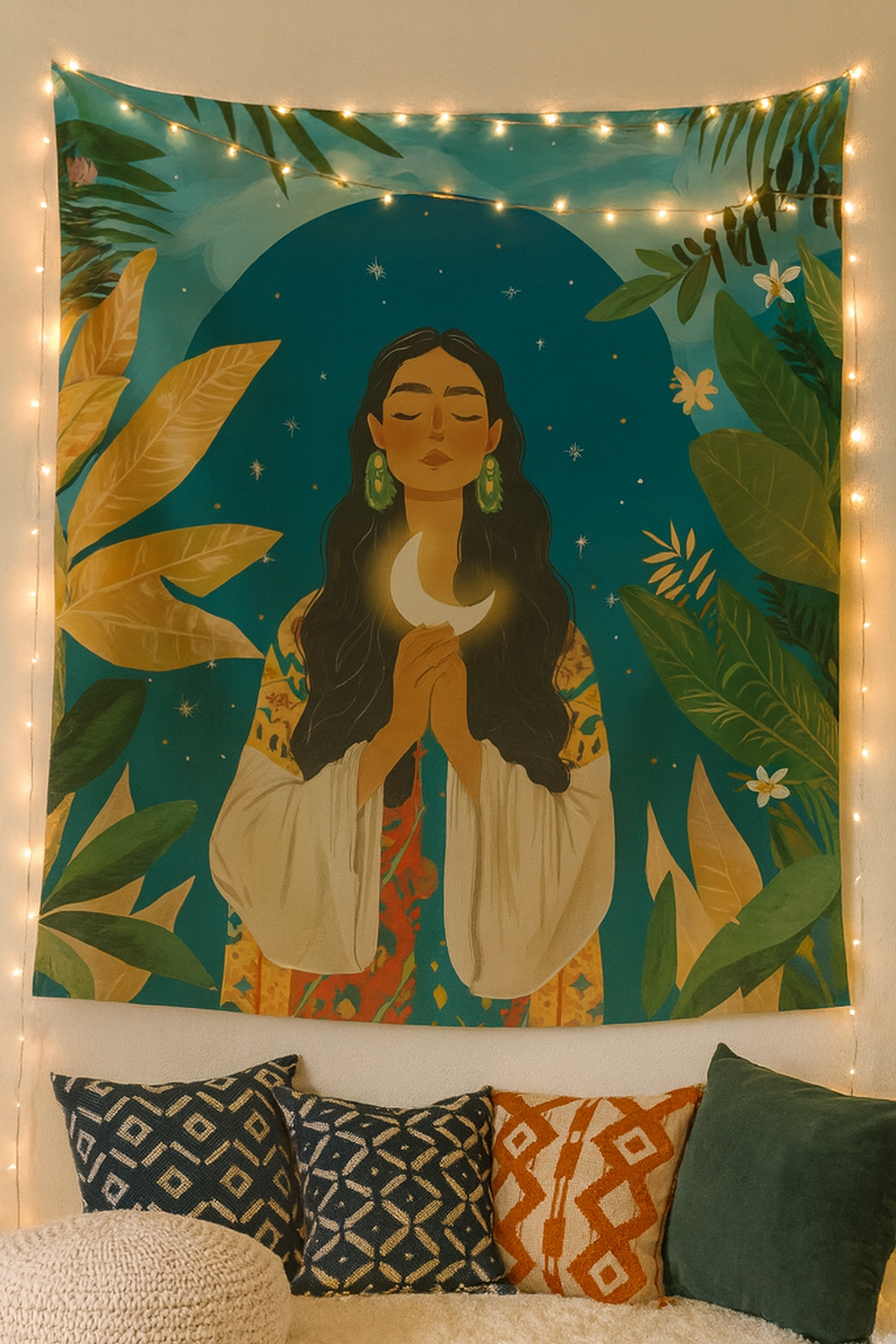 Cosmic Queen boho wall tapestry with a celestial woman illustration with moon in her hand and stars hanging above a bed in a cosy boho bedroom