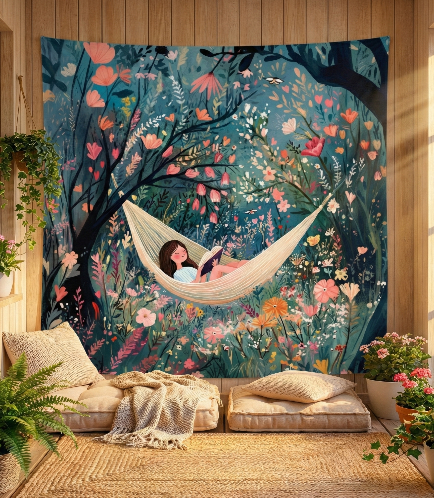 Tapestry with a design of a woman in a hammock surrounded by flowers and trees, hanging on a wooden wall.