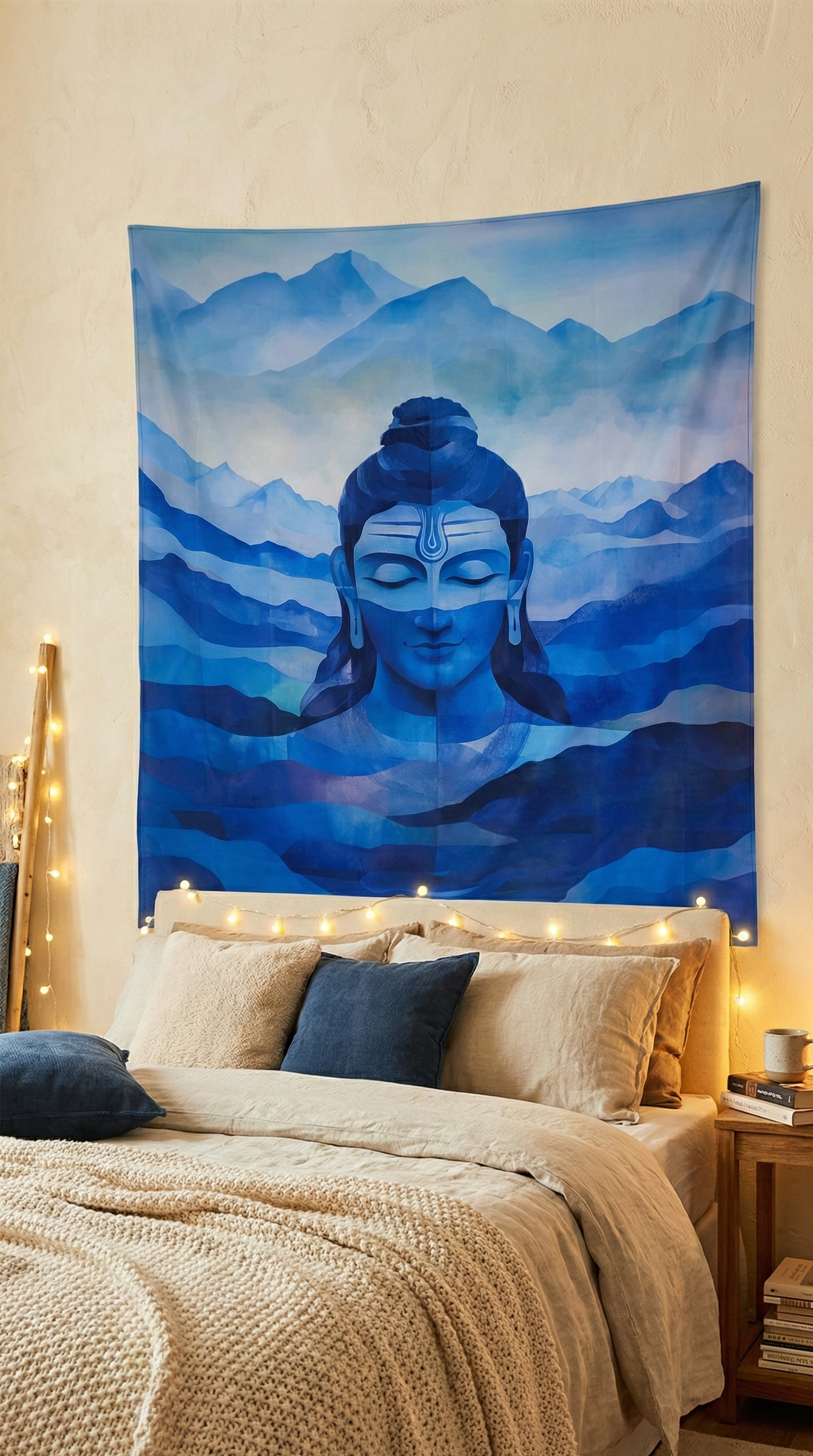 Blue shiva tapestry hanging above a bed with warm lighting