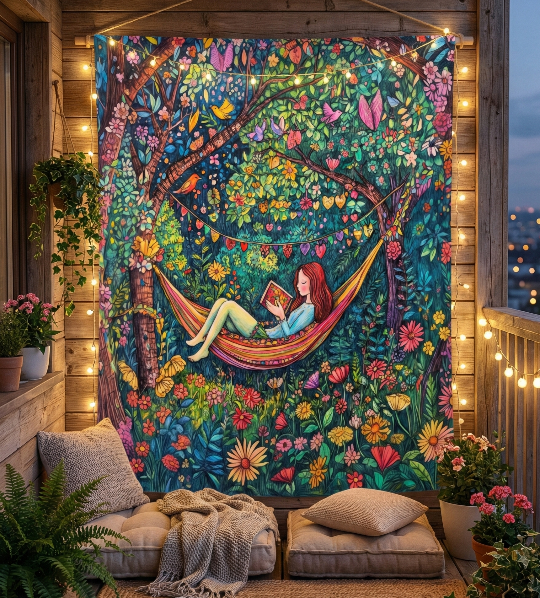 Colorful tapestry of a woman in a hammock surrounded by nature on a wooden deck.