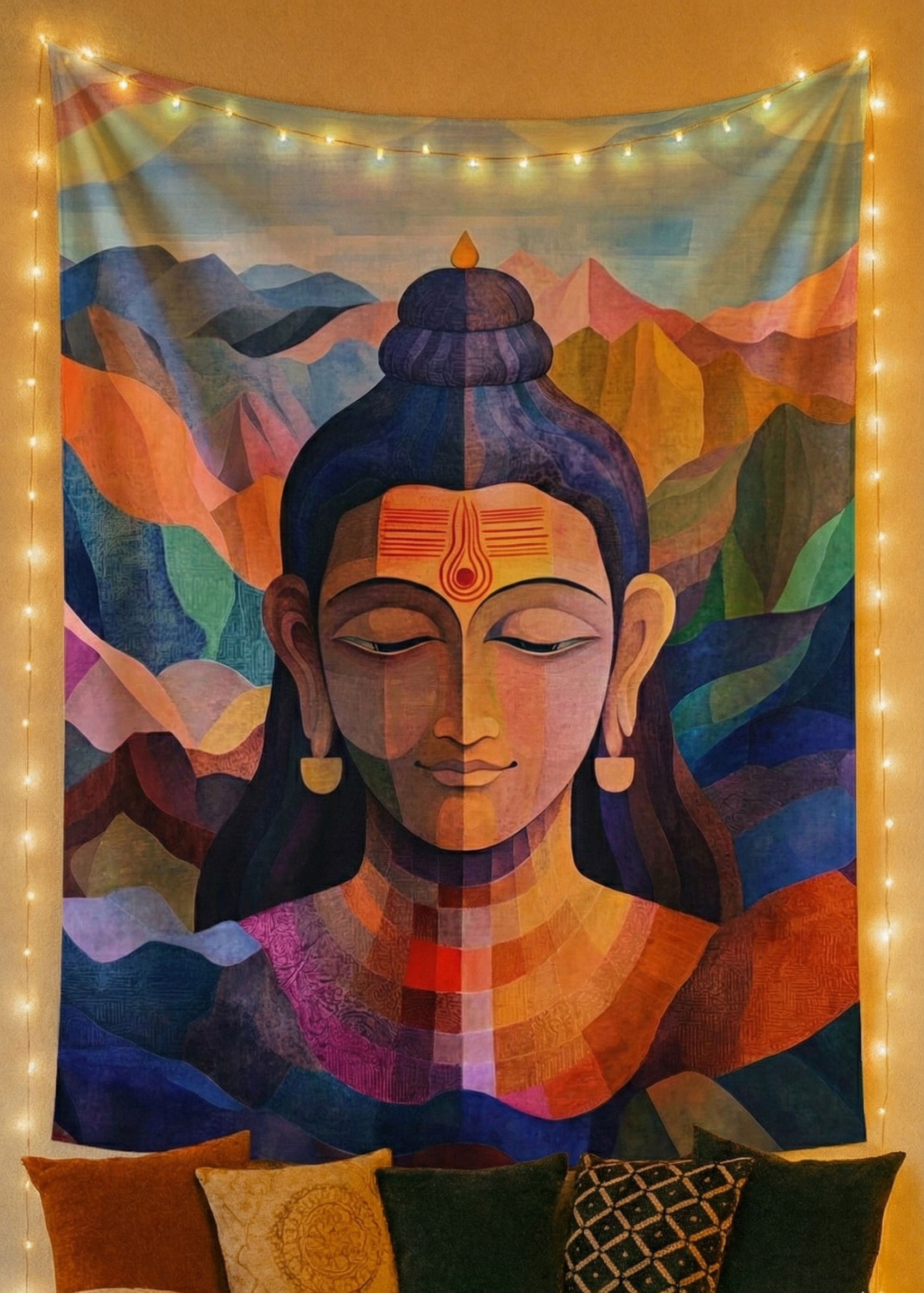 Colorful tapestry with a stylized depiction of Shiva's face and mountain landscape, illuminated by string lights.