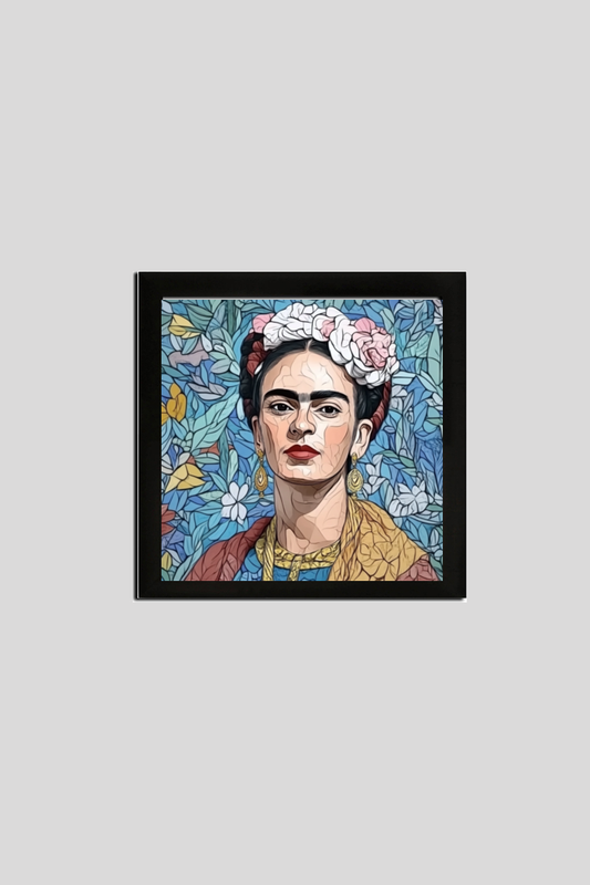 A framed wall art featuring a colorful mosaic of Frida Kahlo with a floral background and a wooden frame.