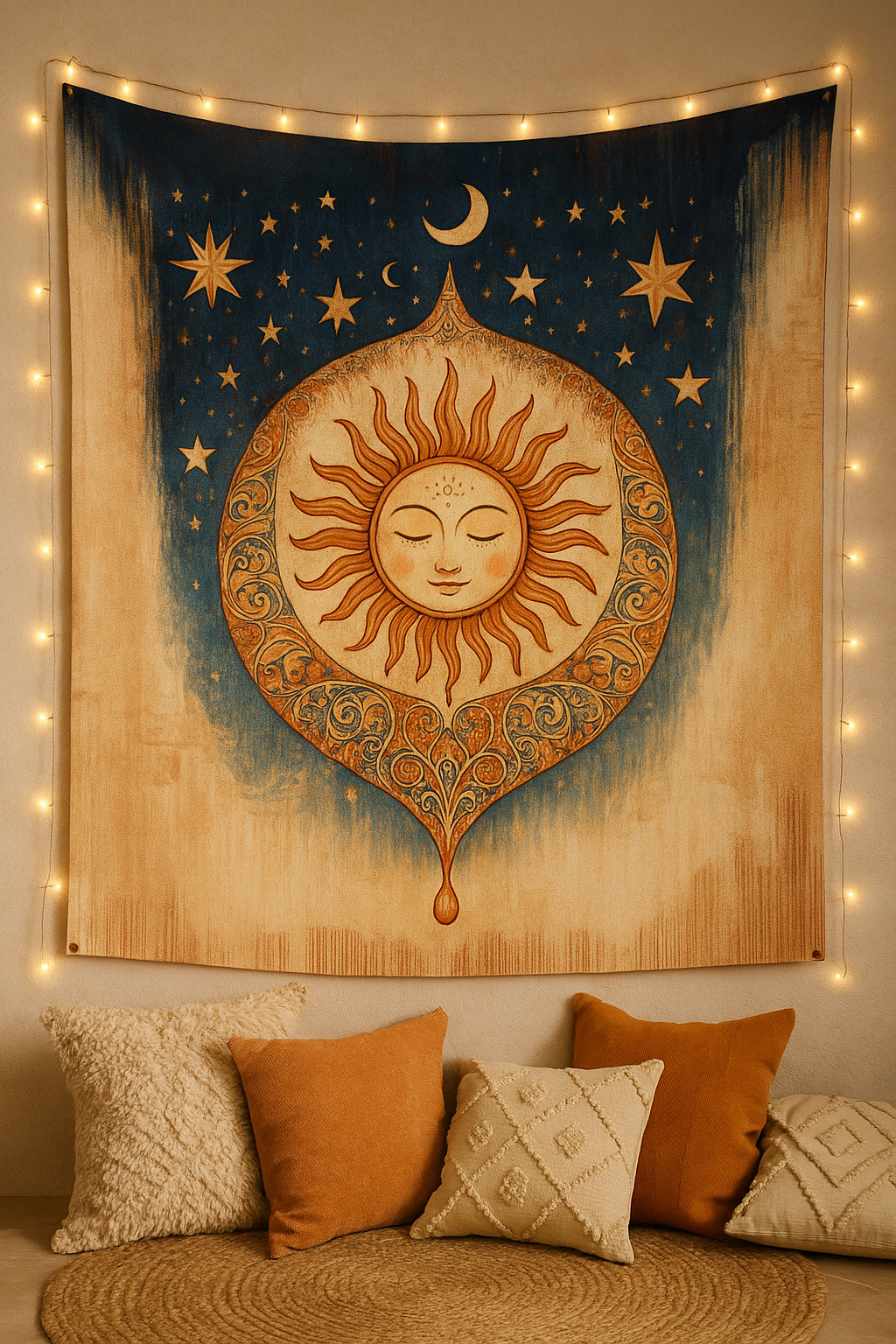 Tapestry with sun and moon design on a wall with string lights and pillows below.