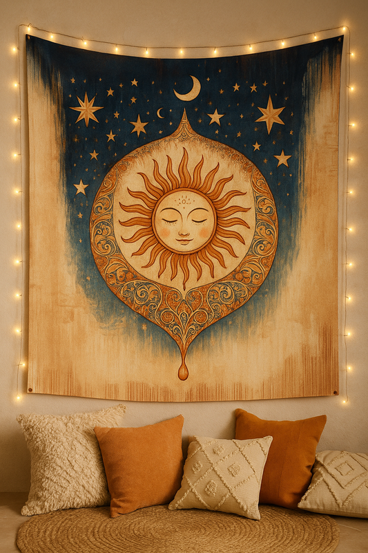 Tapestry with sun and moon design on a wall with string lights and pillows below.