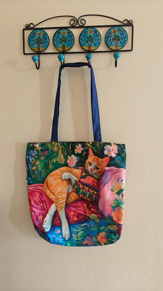Cat In Leisure Both Side Printed Tote Bag With Zipper