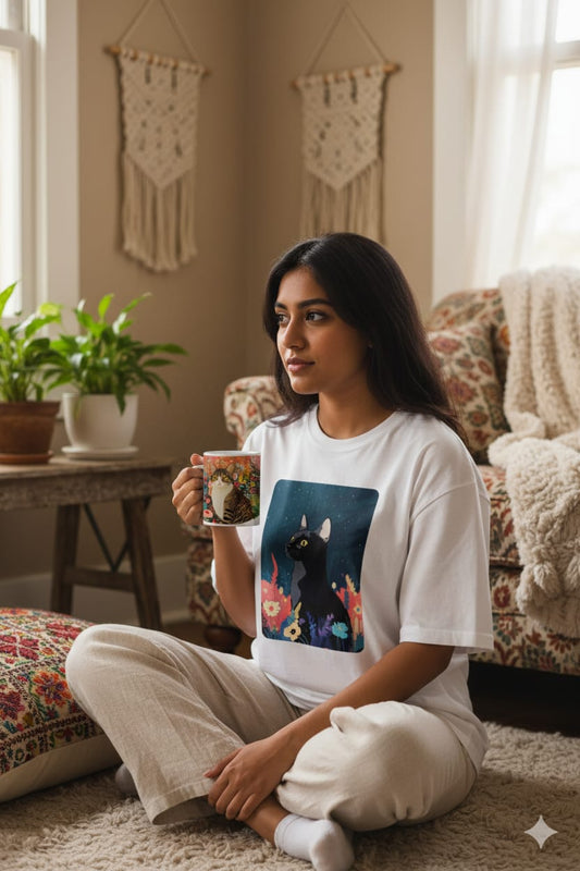 Boho Black Cat Terry Oversized Tshirt
