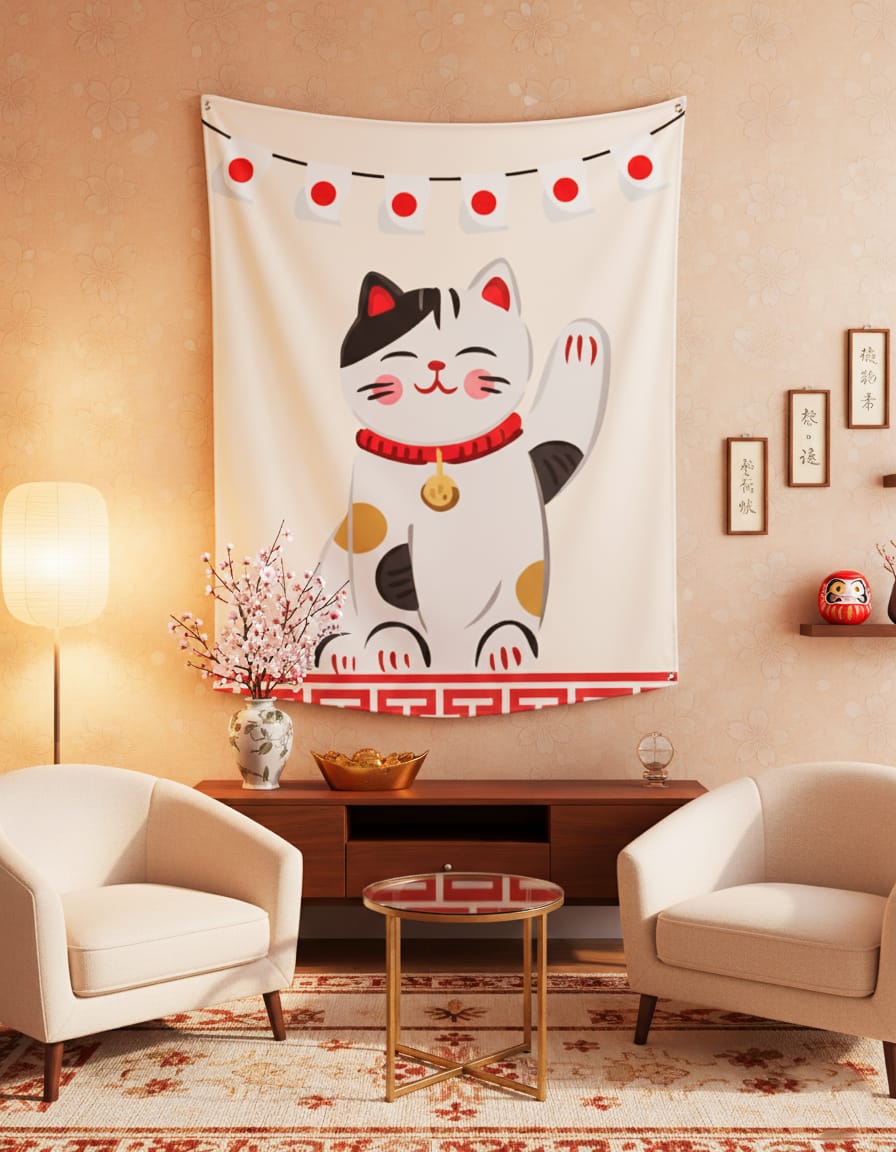 Maneki-neko Good Luck Cat Japanese Tapestry