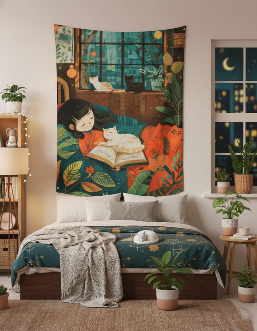 Girl & Cat Reading Corner Tapestry