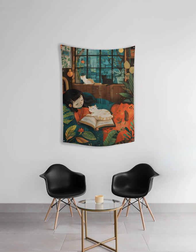 Girl & Cat Reading Corner Tapestry