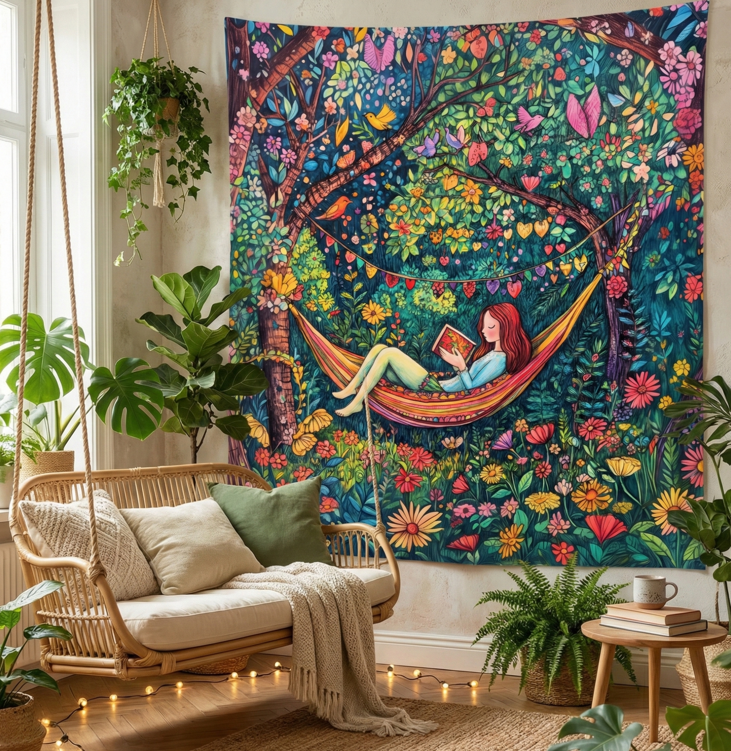 Colorful tapestry with a woman in a hammock in a forest design, hanging above a cozy living room setup with plants and a wooden chair.