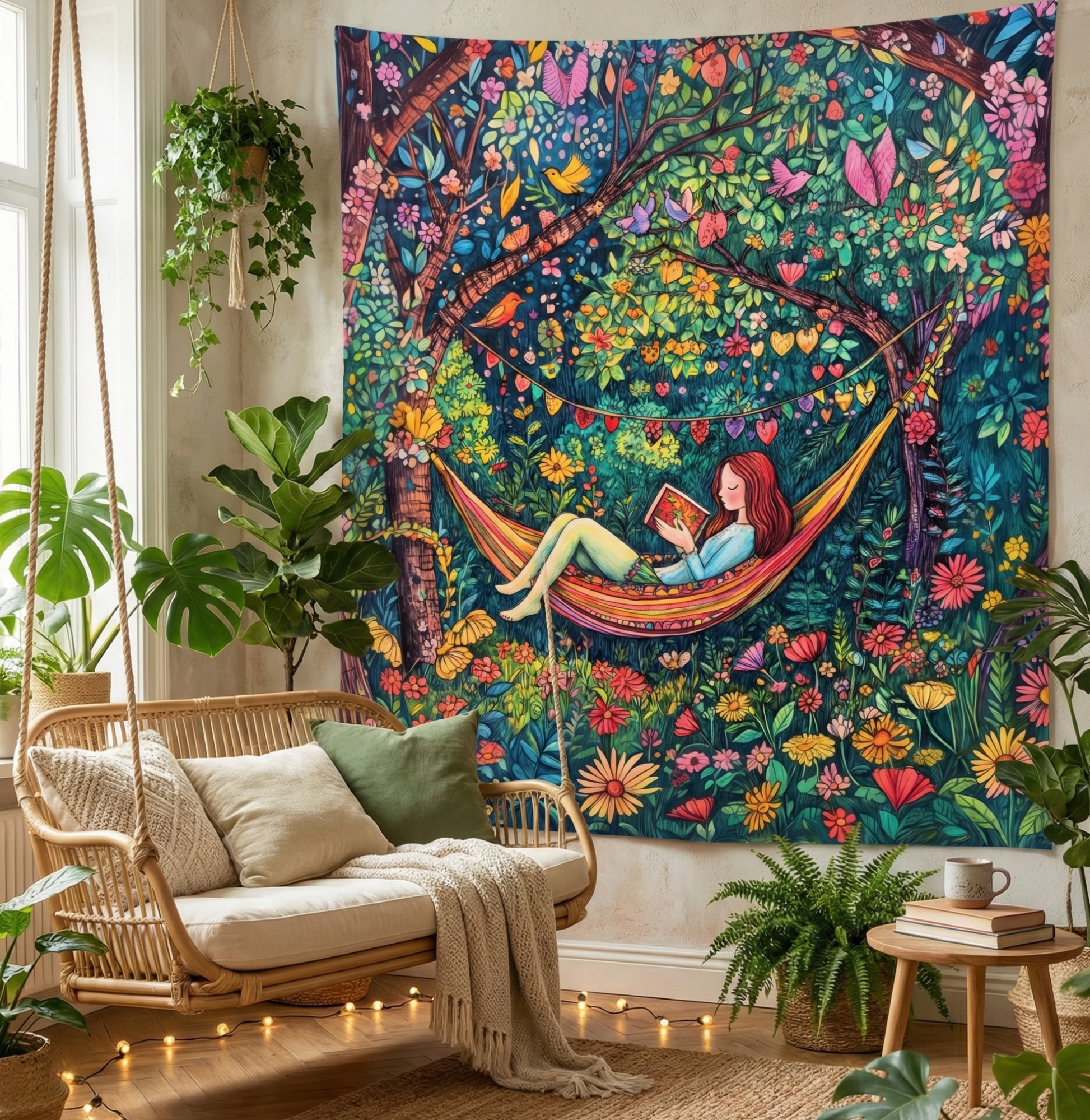 Colorful tapestry with a woman in a hammock in a forest design, hanging above a cozy living room setup with plants and a wooden chair.