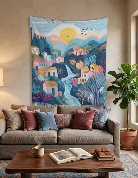 Whimsical Village Sunrise Wall Art Tapestry