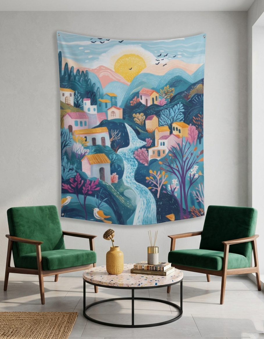 Whimsical Village Sunrise Fabric Wall Tapestry
