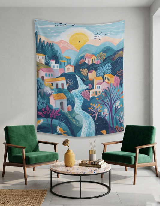 Whimsical Village Sunrise Wall Art Tapestry