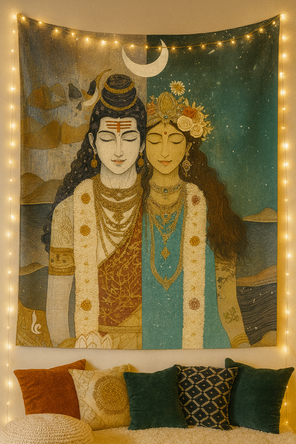 Colourful Shiva Shakti spiritual wall tapestry showing Lord Shiva and Goddess Parvati together used as a backdrop in a cosy boho living room