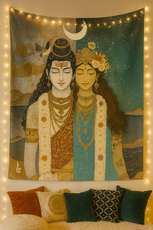 Colourful Shiva Shakti spiritual wall tapestry showing Lord Shiva and Goddess Parvati together used as a backdrop in a cosy boho living room