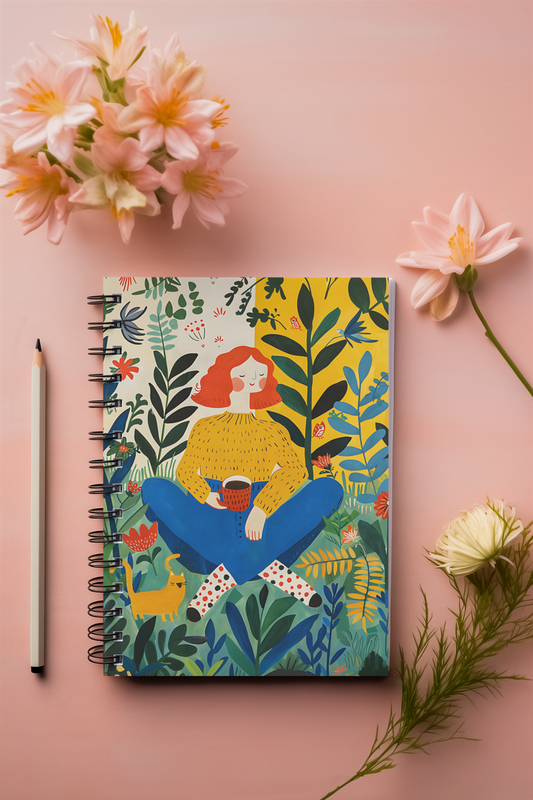 A colorful A5 unruled notebook with a floral and animal pattern on the cover, displayed alongside a pencil and decorative flowers.